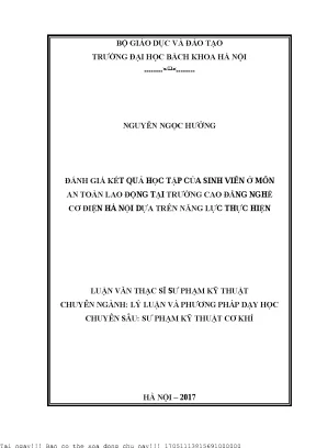 Đánh giá kết quả họ tập của sinh viên ở môn an toàn lao động trường cao đẳng nghề cơ điện hà nội dựa trên năng lực thực hiện