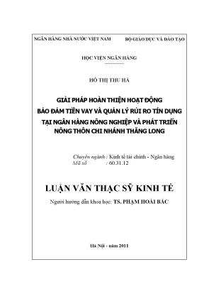 Giải pháp hoàn thiện hoạt động bảo đảm tiền vay và quản lý rủi ro tín dụng tại ngân hàng nông nghiệp và phát triển nông thôn chi nhánh thăng long