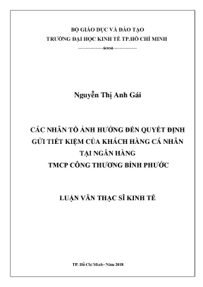 Luận văn thạc sĩ kinh tế các nhân tố ảnh hưởng đến quyết định gửi tiết kiệm của khách hàng cá nhân tại ngân hàng thương mại cổ phần công thương chi nhánh bình phước