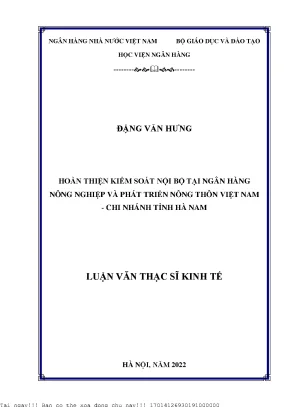 Hoàn thiện kiểm soát nội bộ tại ngân hàng nông nghiệp và phát triển nông thôn việt nam chi nhánh tỉnh hà nam
