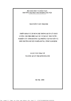 Triển khai và áp dụng hệ thống quản lý hất lượng iso 90012008 tại các cơ quan nhà nước nghiên cứu tính huống tại phòng tài nguyên và môi trường huyện nghĩa hưng tỉnh nam định