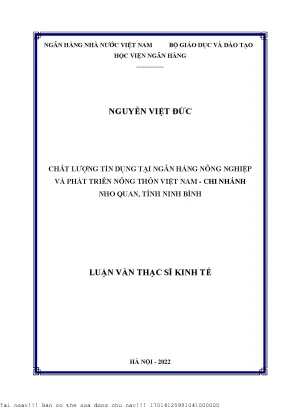 Chất lượng tín dụng tại ngân hàng nông nghiệp và phát triển nông thôn việt nam chi nhánh huyện nho quan tỉnh ninh bình