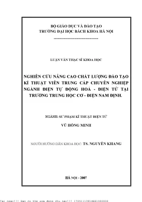 Nghiên ứu nâng cao chất lượng đào tạo kĩ thuật viên trung cấp chuyên nghiệp ngành điện tự động hoá điện tử tại trường trung học cơ điện nam định