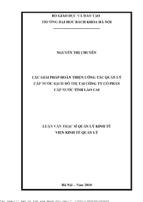 Cá giải pháp hoàn thiện công tác quản lý cấp nước sạch đô thị tại công ty cổ phần cấp nước tỉnh lào cai