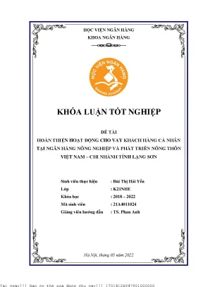 Hoàn thiện hoạt động cho vay khách hàng cá nhân tại ngân hàng nông nghiệp và phát triển nông thôn việt nam chi nhánh tỉnh lạng sơn