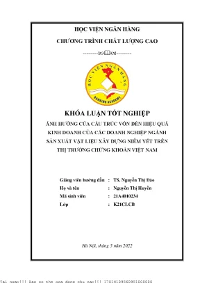 Ảnh hưởng của cấu trúc vốn đến hiệu quả kinh doanh của các doanh nghiệp ngành sản xuất vật liệu xây dựng niêm yết trên thị trường chứng khoán việt nam