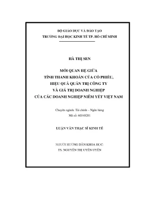 Luận văn thạc sĩ mối quan hệ giữa tính thanh khoản của cổ phiếu hiệu quả quản trị công ty và giá trị doanh nghiệp của các doanh nghiệp niêm yết việt nam