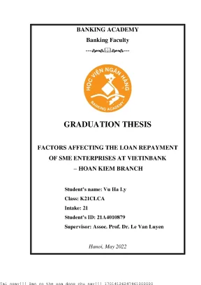 Factors affecting the loan repayment of sme enterprises at vietinbank hoan kiem branch