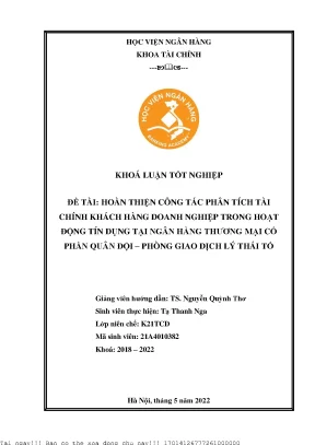 Hoàn thiện công tác phân tích tài chính khách hàng doanh nghiệp tại ngân hàng thương mại cổ phần quân độimb bank pgd lý thái tổ