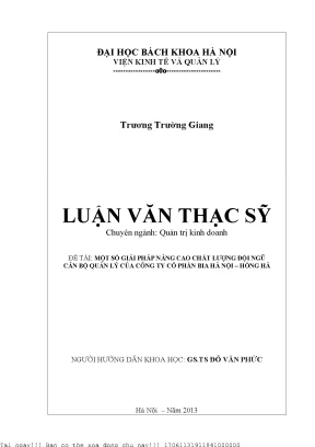 Một số giải pháp nâng ao hất lượng đội ngũ án bộ quản lý ủa công ty ổ phần bia hà nội hồng hà