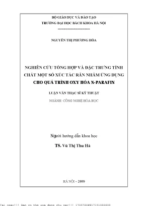 Nghiên ứu tổng hợp và đặc trưng tính chất một số xúc tác rắn nhằm ứng dụng cho quá trình oxy hoá n parafin