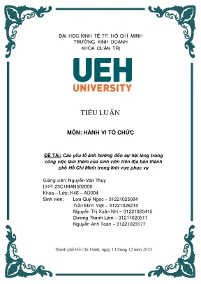 Các yếu tố ảnh hưởng đến sự hài lòng trong công việc làm thêm của sinh viên trên địa bàn thành phố hồ chí minh trong lĩnh vực phục vụ