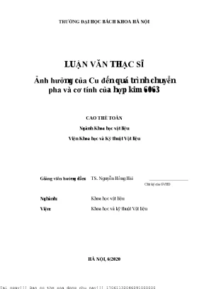 Ảnh hưởng ủa cu đến quá trình huyển pha và ơ tính ủa hợp kim 6063