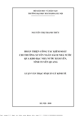 Hoàn thiện ông tác kiểm soát chi thường xuyên ngân sách nhà nước qua kho bạc nhà nước hàm yên tỉnh tuyên quang
