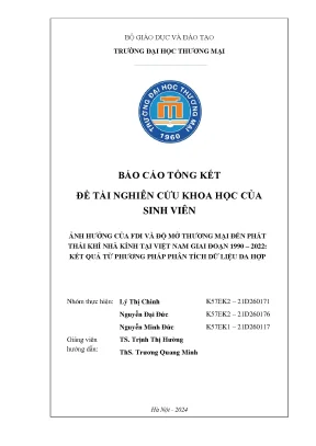 Ảnh hưởng của fdi và độ mở thương mại đến phát thải khí nhà kính tại việt nam giai đoạn 1990 2022 kết quả từ phương pháp phân tích dữ liệu đa hợp