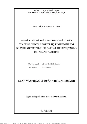 Nghiên ứu đề xuất giải pháp phát triển tín dụng ho vay đối với hộ kinh doanh tại ngân hàng thương mại ổ phần đầu tư và phát triển việt nam hi nhánh nam định