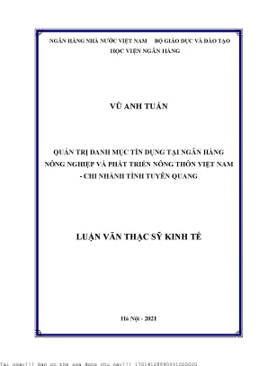 Quản trị danh mục tín dụng tại ngân hàng nông nghiệp và phát triển nông thôn việt nam chi nhánh tỉnh tuyên quang