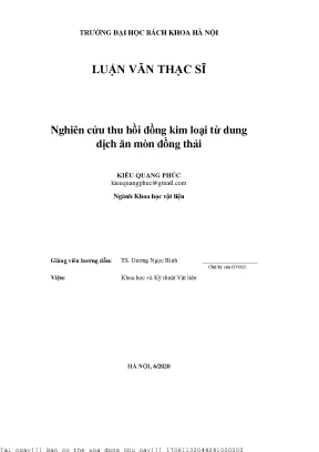 Nghiên ứu thu hồi đồng kim loại từ dung dịh ăn mòn đồng thải