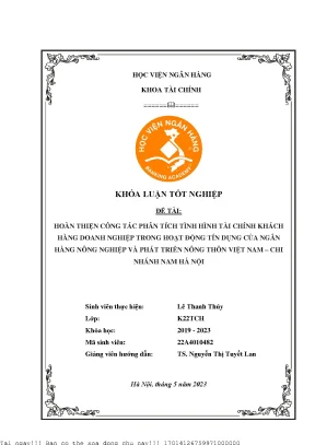 Hoàn thiện công tác phân tích tình hình tài chính khách hàng doanh nghiệp trong hoạt động tín dụng của ngân hàng nông nghiệp và phát triển nông thôn việt nam chi nhánh nam hà nội