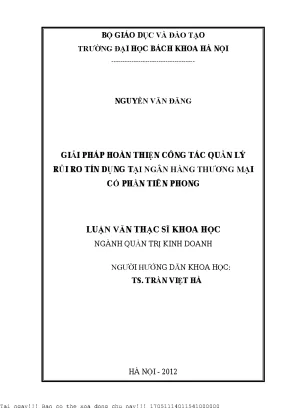 Giải pháp hoàn thiện ông tác quản lý rủi ro tín dụng tại ngân hàng thương mại cổ phần tiền phong