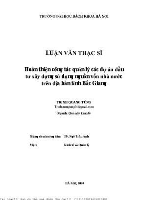 Hoàn thiện ông tá quản lý á dự án đầu tư xây dựng sử dụng nguồn vốn nhà nướ trên địa bàn tỉnh bắ giang