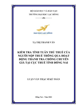 Kiểm tra tính tuân thủ thuế của người nộp thuế thông qua hoạt động thanh tra chống chuyển giá tại cục thuế tỉnh đồng nai