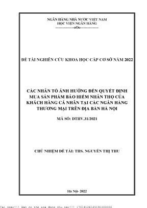 Các nhân tố ảnh hưởng đến quyết định mua sản phẩm bảo hiểm nhân thọ của khách hàng cá nhân tại các ngân hàng thương mại trên địa bàn hà nội
