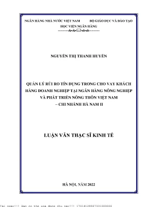 Quản lý rủi ro tín dụng trong cho vay khách hàng doanh nghiệp tại ngân hàng nông nghiệp và phát triển nông thôn việt nam chi nhánh hà nam ii