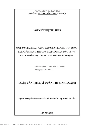 Một số giải pháp nâng ao chất lượng tín dụng tại ngân hàng thương mại cổ phần đầu tư và phát triển việt nam chi nhánh nam định