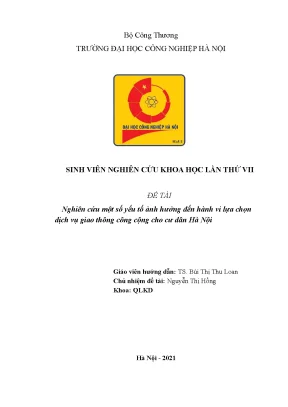 Nghiên cứu một số yếu tố ảnh hưởng đến hành vi lựa chọn dịch vụ giao thông công cộng cho cư dân hà nội