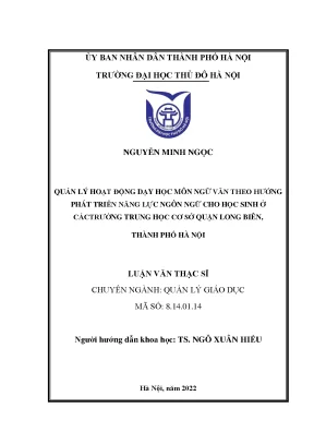 Quản lý hoạt động dạy học môn ngữ văn theo hướng phát triển năng lực ngôn ngữ cho học sinh ở các trường thcs quận long biên thành phố hà nội