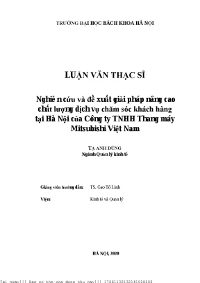 Nghiên ứu và đề xuất giải pháp nâng ao hất lượng dịh vụ hăm só kháh hàng tại hà nội ủa công ty tnhh thang máy mitsubishi việt nam