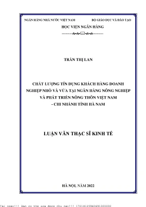 Chất lượng tín dụng khách hàng doanh nghiệp nhỏ và vừa tại ngân hàng nông nghiệp và phát triển nông thôn việt nam chi nhánh tỉnh hà nam