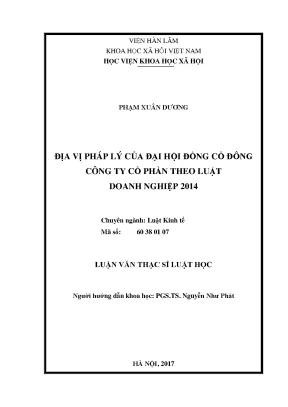 Luận văn thạc sĩ luật học địa vị pháp lý của đại hội đồng cổ đông trong công ty cổ phần theo luật doanh nghiệp 2014