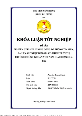 Nghiên cứu ảnh hưởng công bố thông tin mua bán và sáp nhập đến giá cổ phiếu trên ttck việt nam giai đoạn 2016 2022