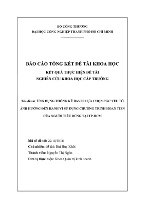 Ứng dụng thống kê bayes lựa chọn các yếu tố ảnh hưởng đến hành vi sử dụng chương trình hoàn tiền của người tiêu dùng tại tp hcm
