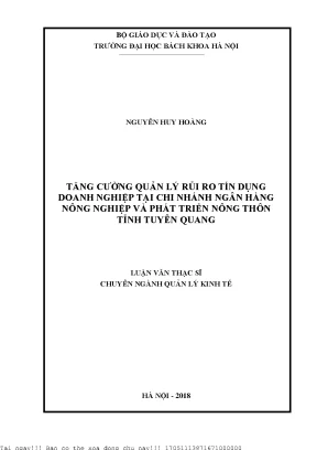 Tăng ường quản lý rủi ro tín dụng doanh nghiệp tại chi nhánh ngân hàng nông nghiệp và phát triển nông thôn tỉnh tuyên quang