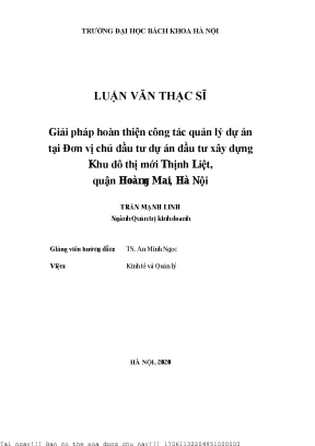 Giải pháp hoàn thiện ông tá quản lý dự án tại đơn vị hủ đầu tư dự án đầu tư xây dựng khu đô thị mới thịnh liệt quận hoàng mai hà nội