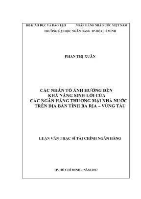 Các nhân tố ảnh hưởng đến khả năng sinh lời của các ngân hàng thương mại nhà nước trên địa bàn tỉnh bà rịa vũng tàu