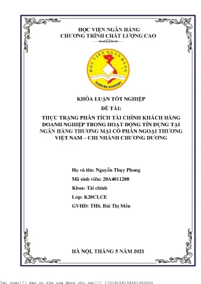 Thực trạng phân tích tài chính khách hàng doanh nghiệp trong hoạt động tín dụng tại ngân hàng thương mại cổ phần ngoại thương việt nam chi nhánh chương dương
