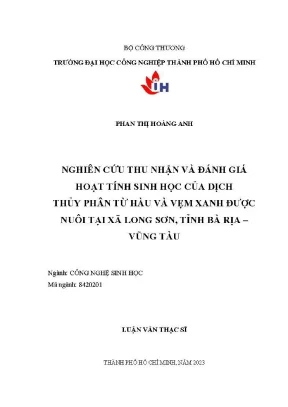 Nghiên cứu thu nhận và đánh giá hoạt tính sinh học của dịch thủy phân từ hàu và vẹm xanh được nuôi tại xã long sơn tỉnh bà rịa vũng tàu