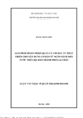 Giải pháp hoàn thiện quản lý hi đầu tư phát triển cho xây dựng cơ bản từ ngân sách nhà nước trên địa bàn thành phố lai châu