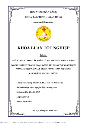 Hoàn thiện công tác phân tích tài chính khách hàng doanh nghiệp trong hoạt động tín dụng của ngân hàng nông nghiệp và phát triển nông thôn việt nam cn bắc hải phòng