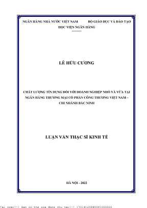 Chất lượng tín dụng đối với khách hàng doanh nghiệp nhỏ và vừa tại ngân hàng thương mại cổ phần công thương việt nam chi nhánh bắc ninh