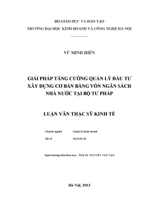 Giải pháp tăng cường quản lý đầu tư xây dựng cơ bản bằng vốn ngân sách nhà nước tại bộ tư pháp