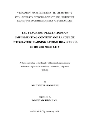 Efl teachers perceptions of implementing content and language integrated learning at binh hung hoa school in ho chi minh city