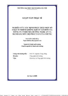 Nghiên ứu xá định phát thải một số hất ô nhiễm không khí từ lò hơi ủa ông ty tnhh mía đường nghệ an và đánh giá mứ độ phát tán ủa húng