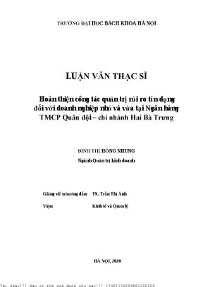 Hoàn thiện ông tá quản trị rủi ro tín dụng đối với doanh nghiệp nhỏ và vừa tại ngân hàng tmcp quân đội hi nhánh hai bà trưng