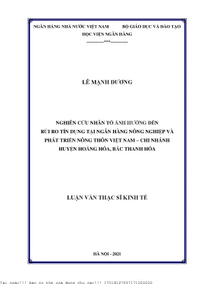 Nghiên cứu nhân tố ảnh hưởng đến rủi ro tín dụng tại ngân hàng nông nghiệp và phát triển nông thôn việt nam chi nhánh huyện hoằng hóa bắc thanh hóa