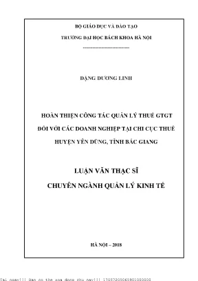 Hoàn thiện ông tác quản lý thuế gtgt đối với các doanh nghiệp tại chi cục thuế huyện yên dũng tỉnh bắc giang